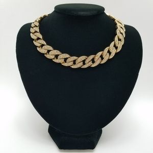 Goldtone Clear Rhinestones Chunky Chain Statement Necklace Old Money